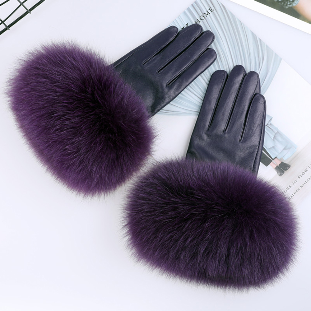 Leather Work Winter Gloves - Sheepskin Natural Fox Fur Trimming Gloves