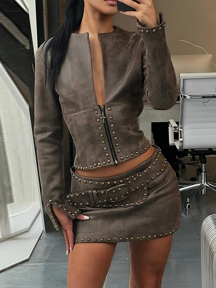 Y2k Leather Skirt Set Women Ri - Leatherwork Fasteners 리뷰 및 가격